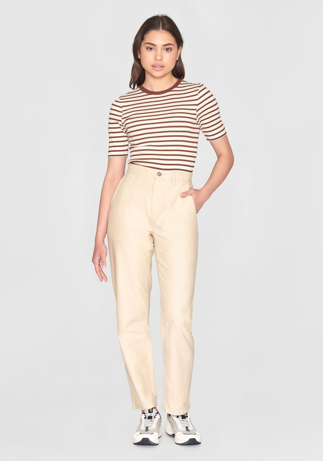 Knowledge Cotton Apparel Rib T-Shirt Striped Brown Stripe