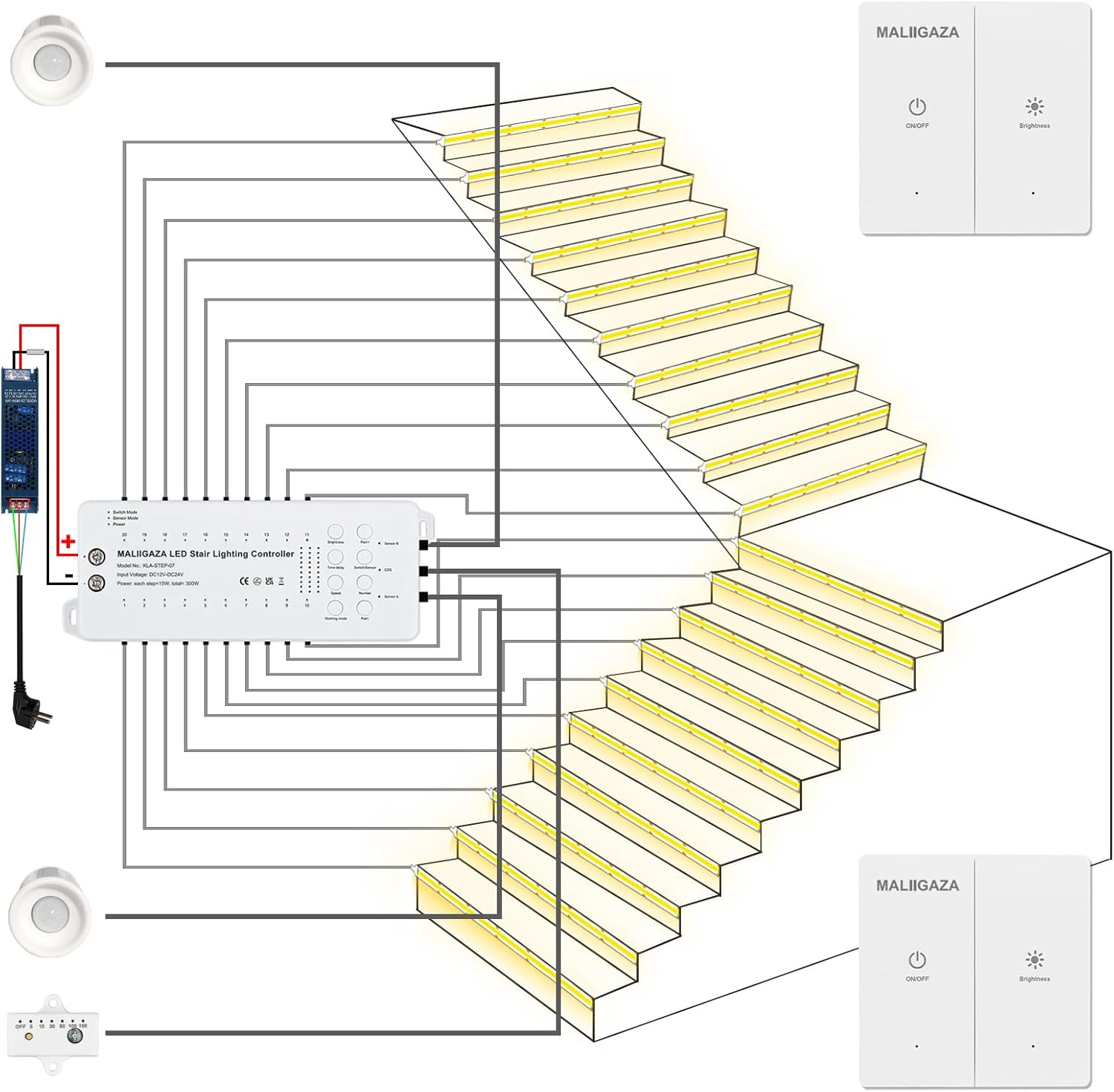 Smart LED Treppenbeleuchtung 20 Stufen Warmweiß 3000K – Intelligentes Automatisches Treppenlicht System mit Bewegungssensor, Lichtsensor & Doppelschalter, Einfache Installation, Innenlicht Set