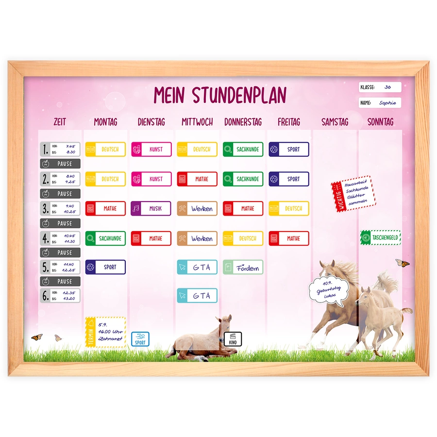Nikima Stundenpläne magnetischer Stundenplan Pferde rosa mit 90 Magneten rosa