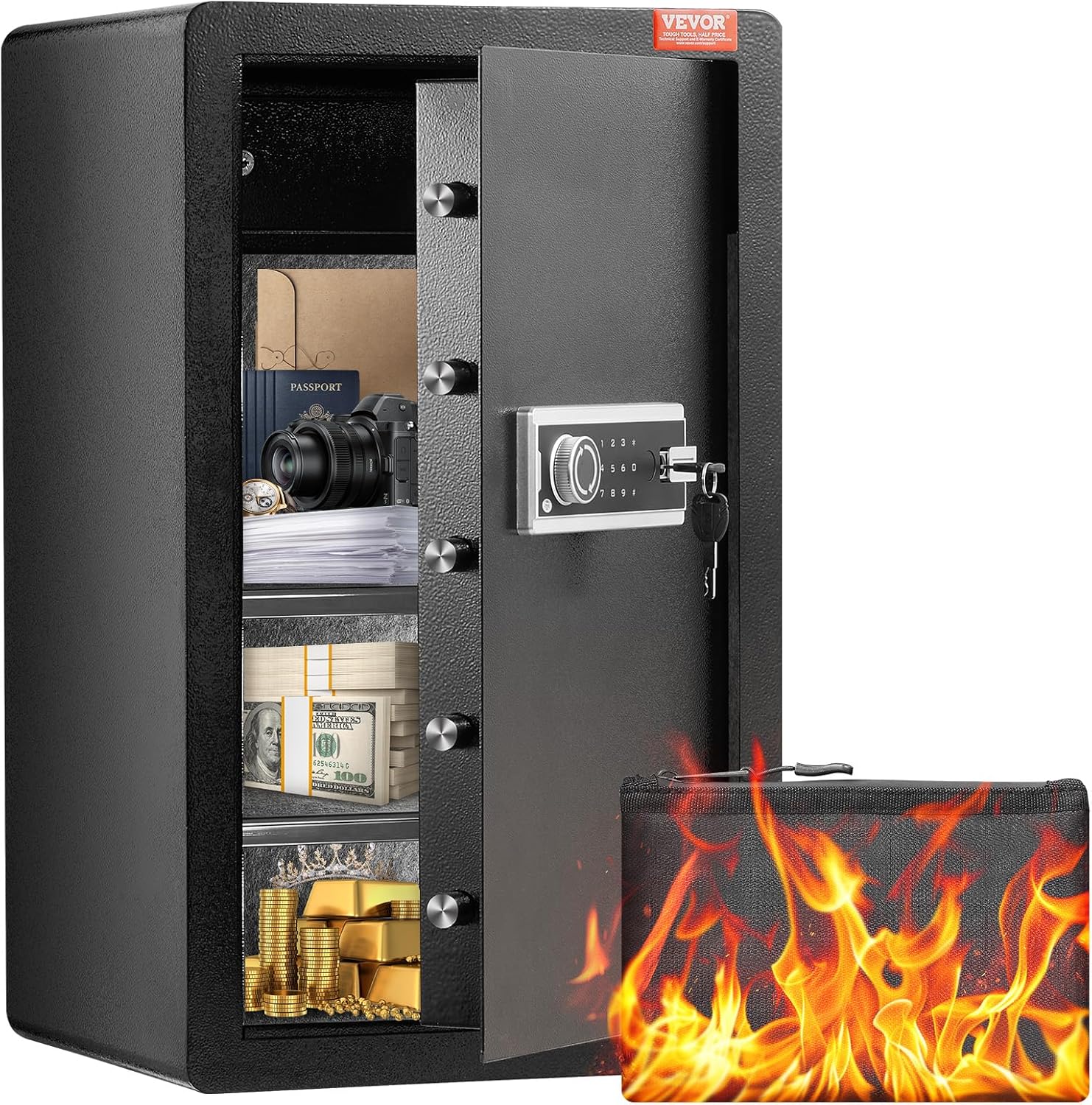 VEVOR Safe Tresor mit feuerfester Geldtasche, Einzeltür-Safe 4 Kubikfuß, 2 Trennwände, digitaler Möbeltresor mit Schlüssel Code, Wertsachenbox für Geld Schmuck, Geldtresor Schwarz