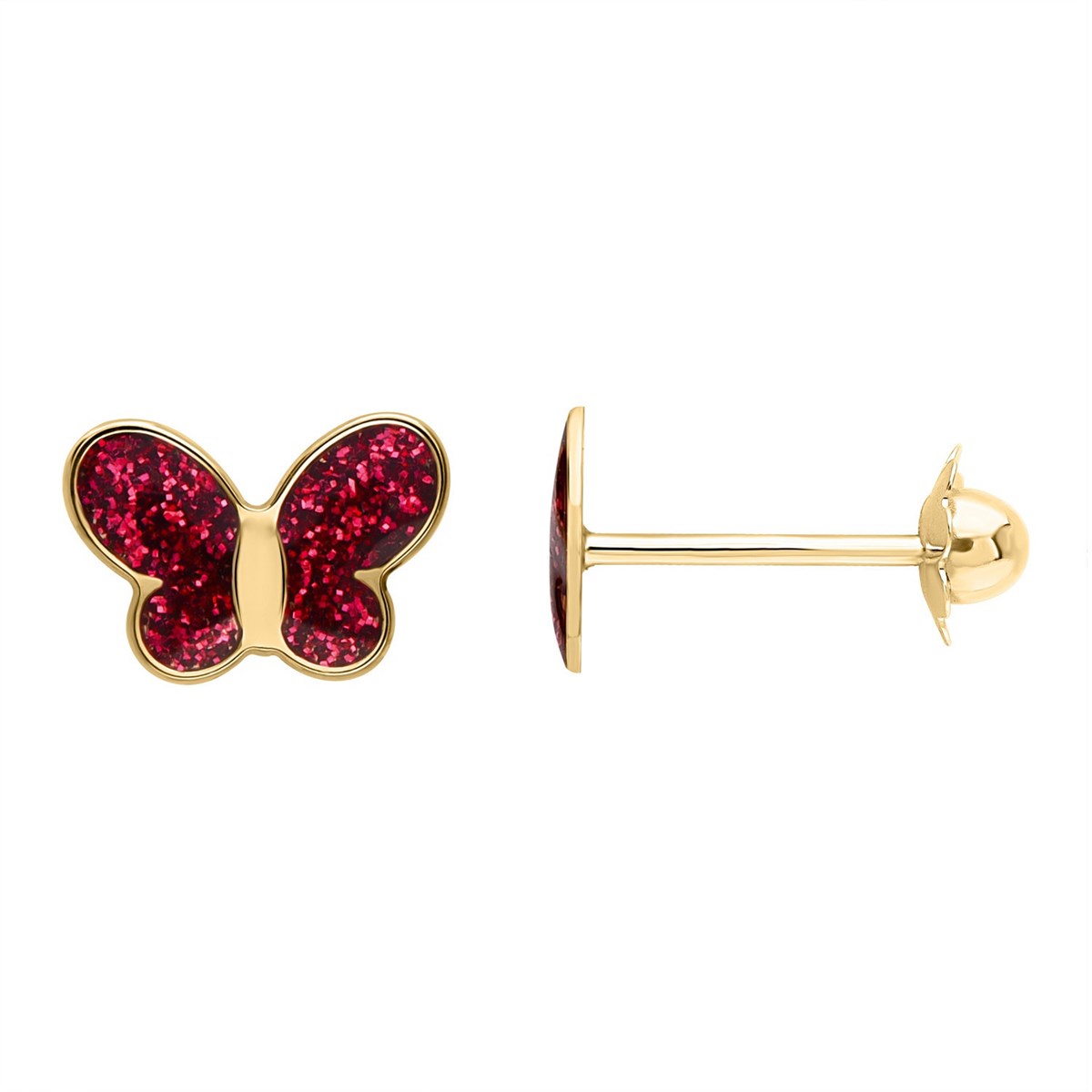 Puces d'oreilles papillon fuchsia or jaune 9 carats