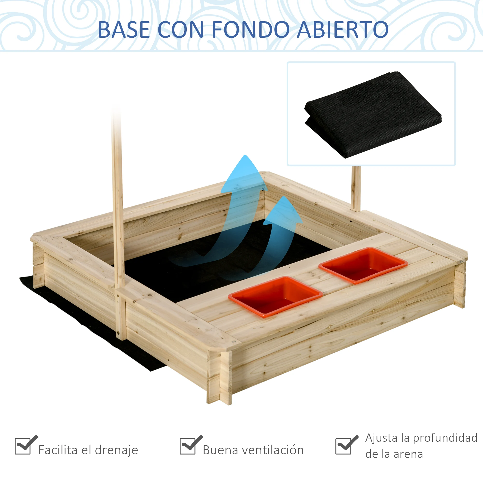 Caixa de areia infantil de madeira Outsunny com teto inclinável ajustável em altura e 2 bandejas auxiliares, caixa de areia para jardim para crianças a partir de 3 anos, 118x118x118 cm, natural e vermelha.