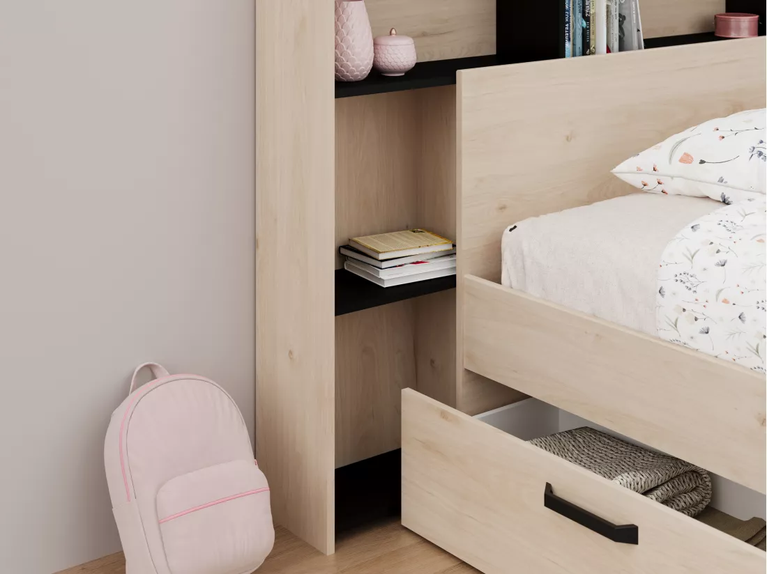 Tête de lit avec rangements 140 cm - Coloris : Naturel et noir - KINSELIA