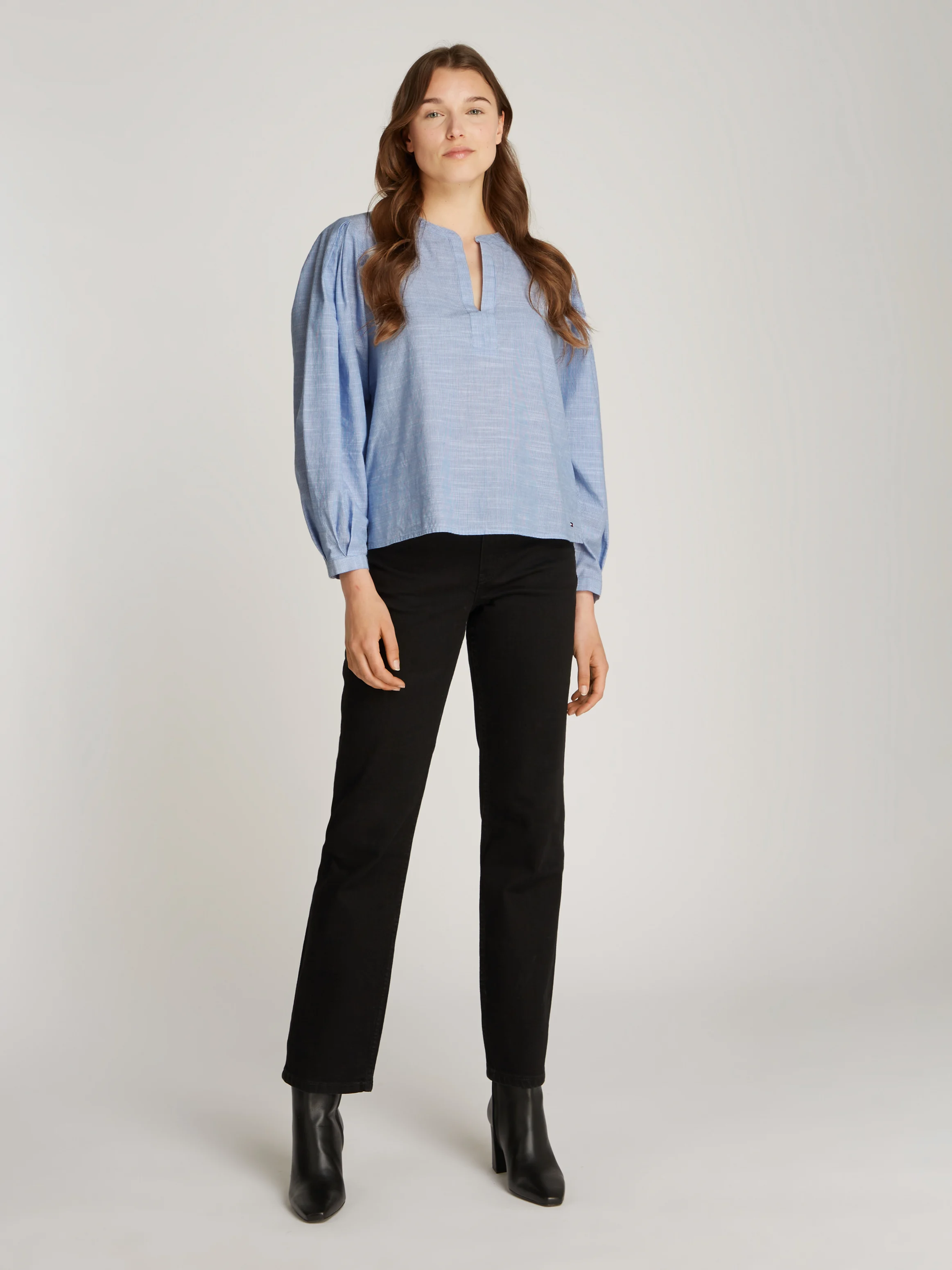Blouse droite en coton bio rayé | Bleu