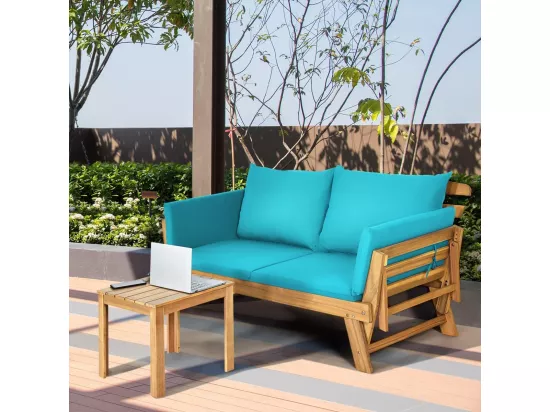 Canapé Lit de Jardin Convertible 2 Places en Bois d’Acacia avec Coussin, Canapé de Jardin 2 en 1 avec Accoudoir Réglable Charge 320KG, pour Patio Piscine (Bleu)