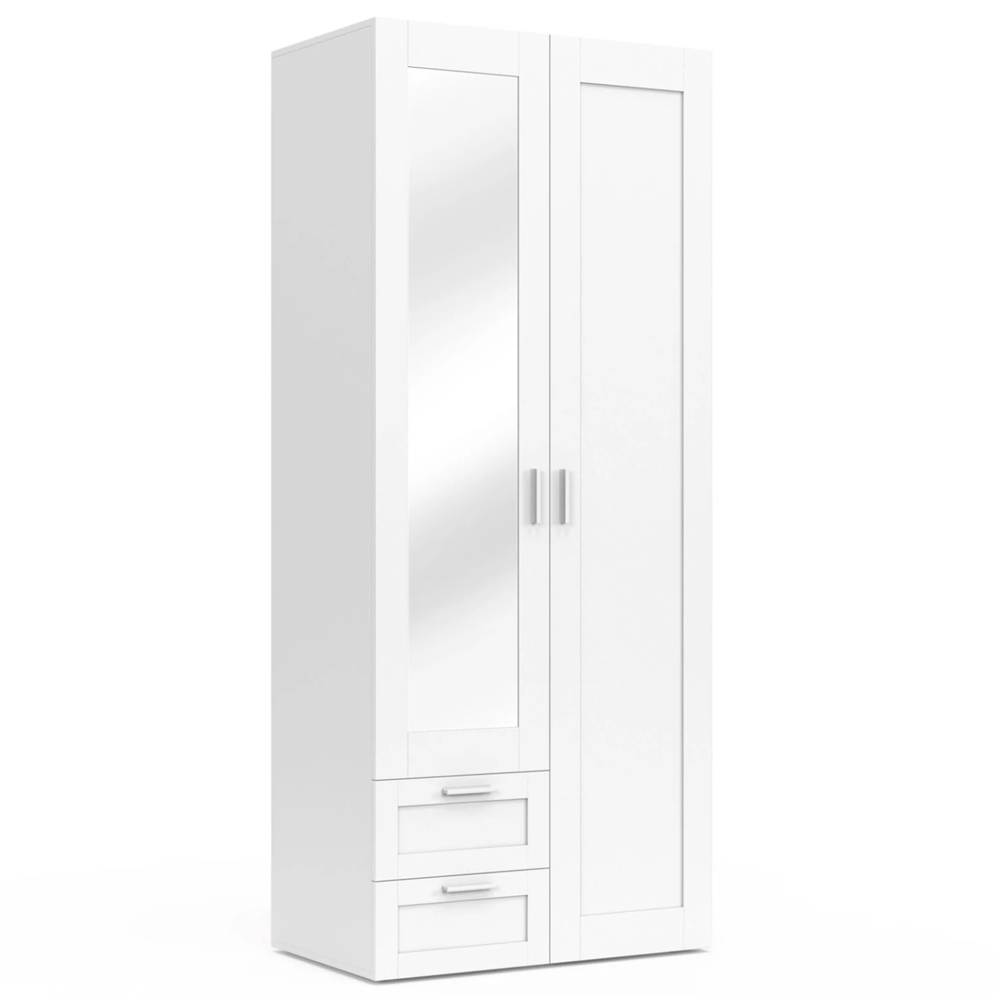 Armoire 2 portes VITO blanc penderie 80 cm avec 2 tiroirs, miroir et étagères