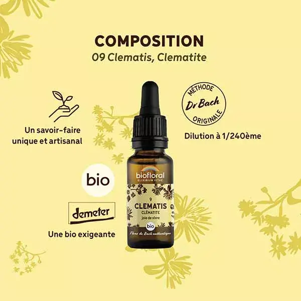 Florais de Bach Biofloral 09 Clematis Clematis Dropper Orgânico Demeter 20 ml