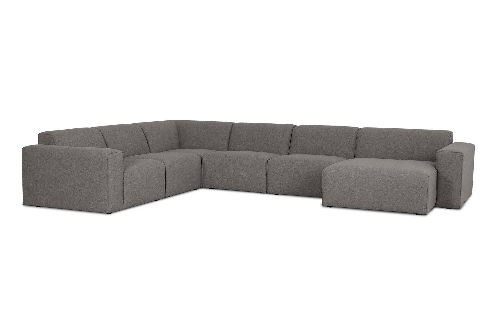 Styl U-sofa 2-seter venstre, 2-seter og sjeselong høyre. Tekstil Lombardo 3/3 Warm Grey med sorte ben.