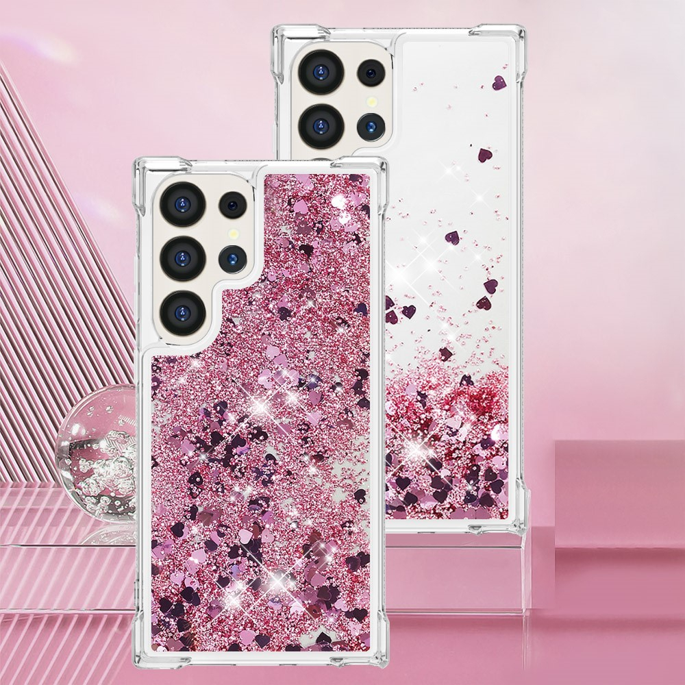 Samsung Galaxy S24 Ultra Hardcase Hülle mit Air Cushion Fallschutz Liquid Case Glitzer Herzen - Pink / Transparent