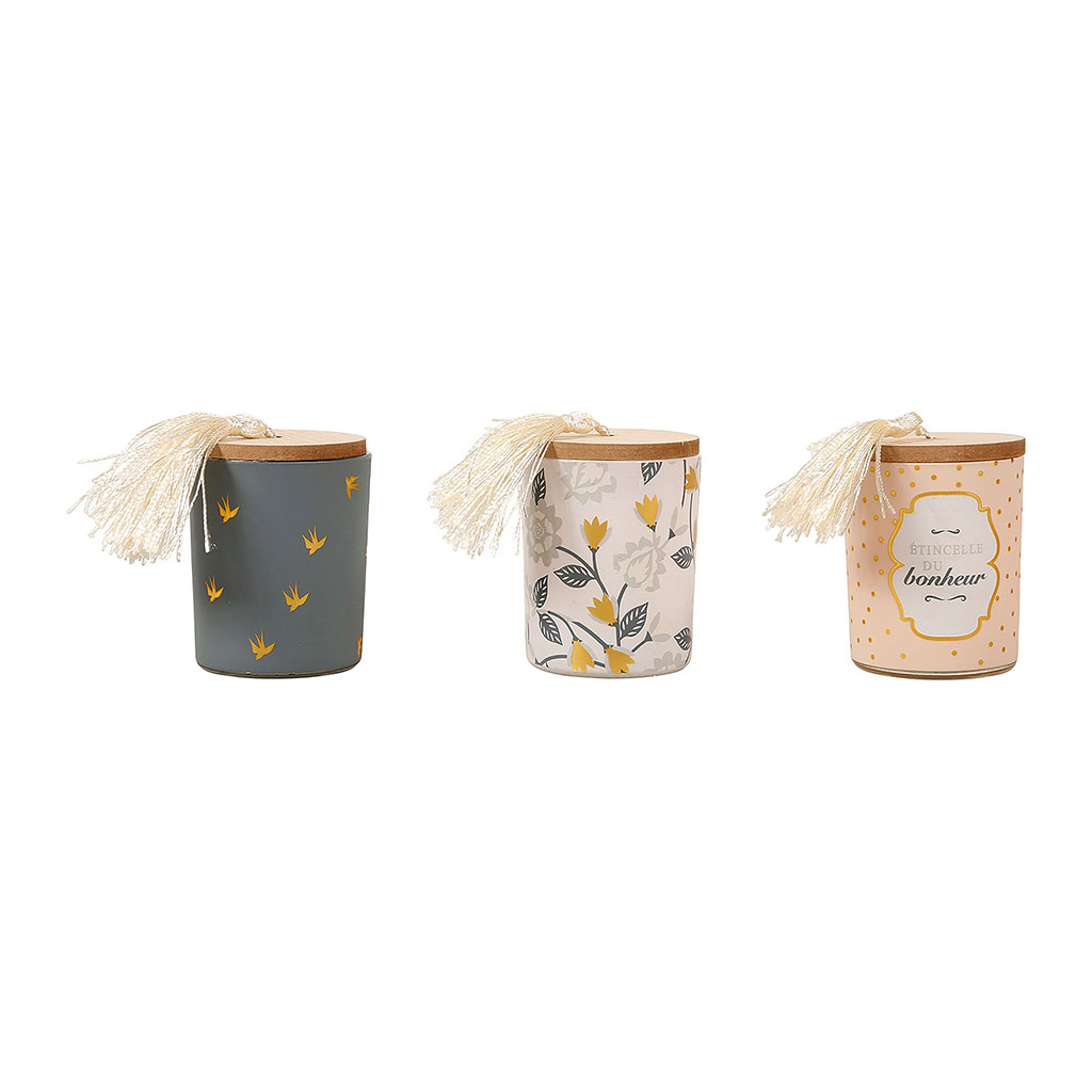 Coffret de 3 bougies parfumées avec couvercle en bois à pompon 5x7cm
