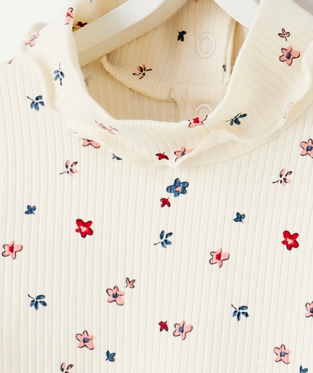 SOUS-PULL CÔTELÉ FILLE EN COTON BIO ÉCRU IMPRIMÉ FLEURI