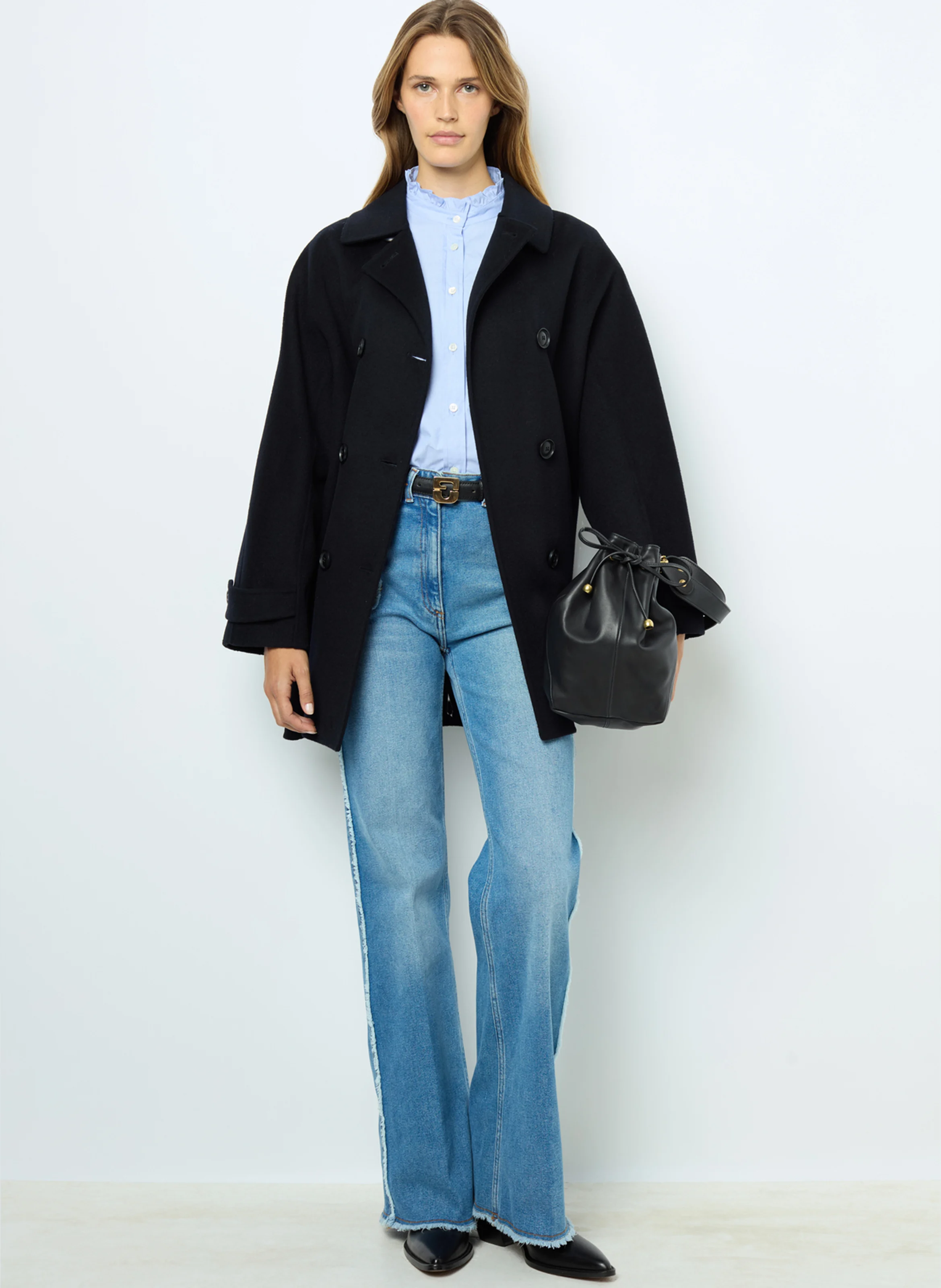 LAURYNN - Manteau col classique en laine mélangée | Bleu