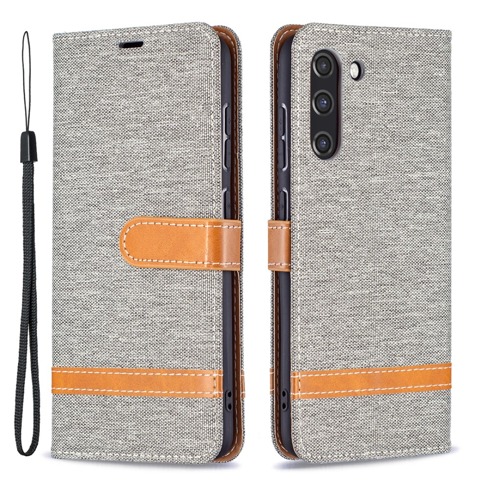 Samsung Galaxy S21 FE 5G Stoff Tasche im Jeans Look mit Kartenfach   Magnetverschluss - Grau / Braun