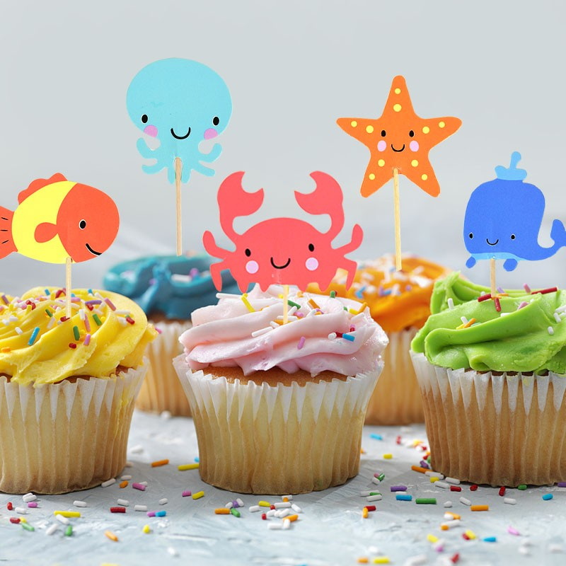 (24-tlg. Set) Kuchenstecker Kinder Tortenstecker Topper Dekoration für Torten / Kuchen - Meerestiere