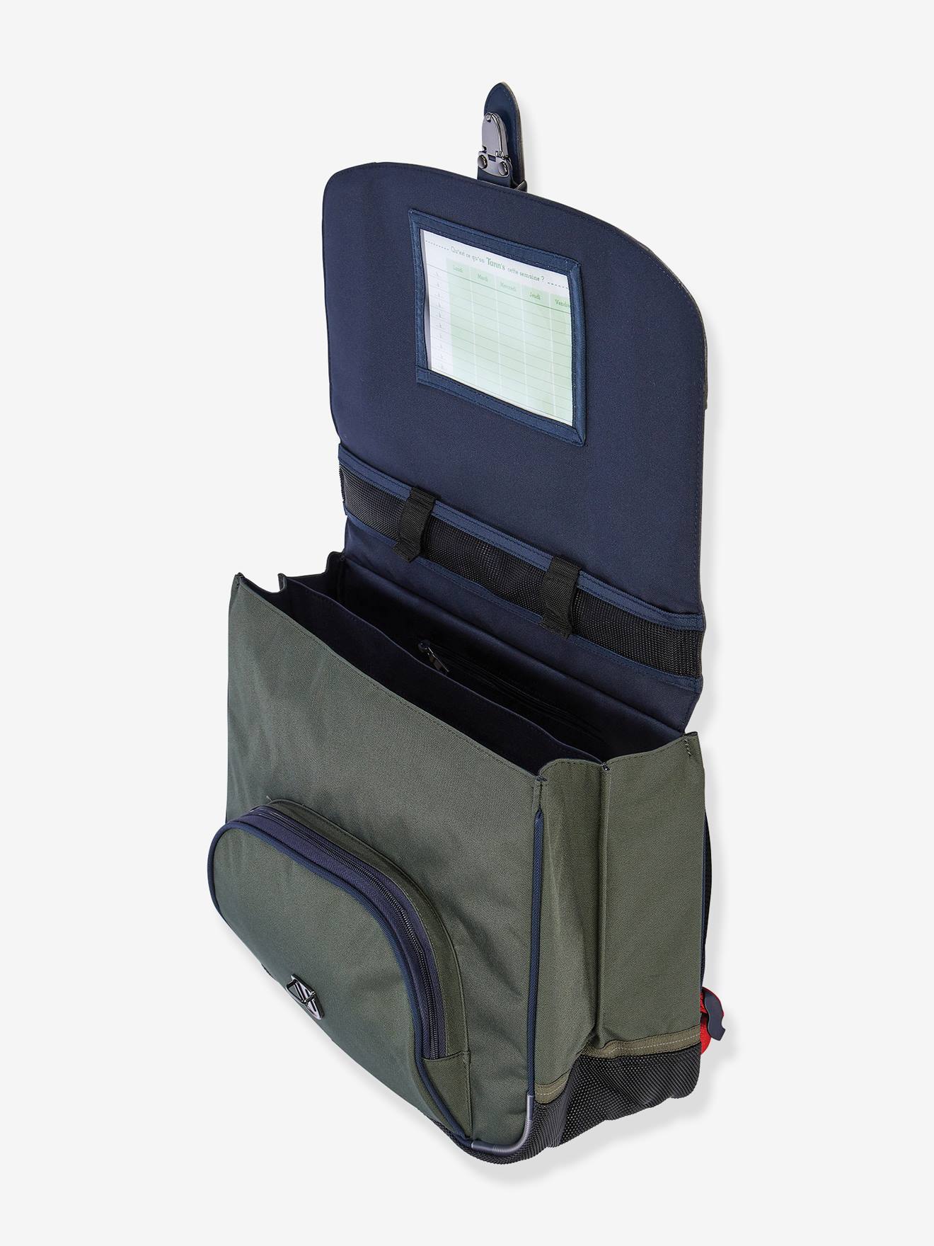 Mochila Mikkaël da Tann para meninos, verde-escura lisa com estampas.