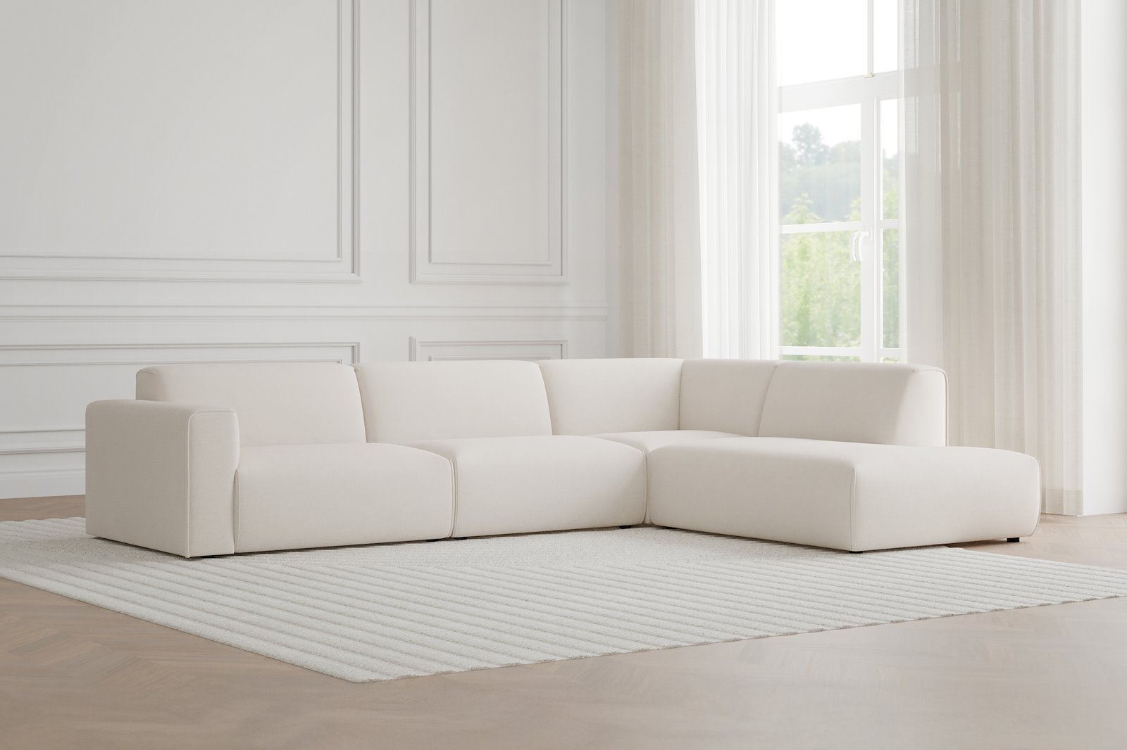 Monaco Lux 3-seter med åpen ende høyre Tekstil Fjord 1 Ivory med sorte ben. Lux komfort.