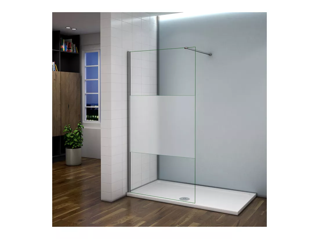 Paroi de douche à l'italienne 120x200cm avec barre de fixation 90cm recoupable, en 8mm verre bande centrale dépolie