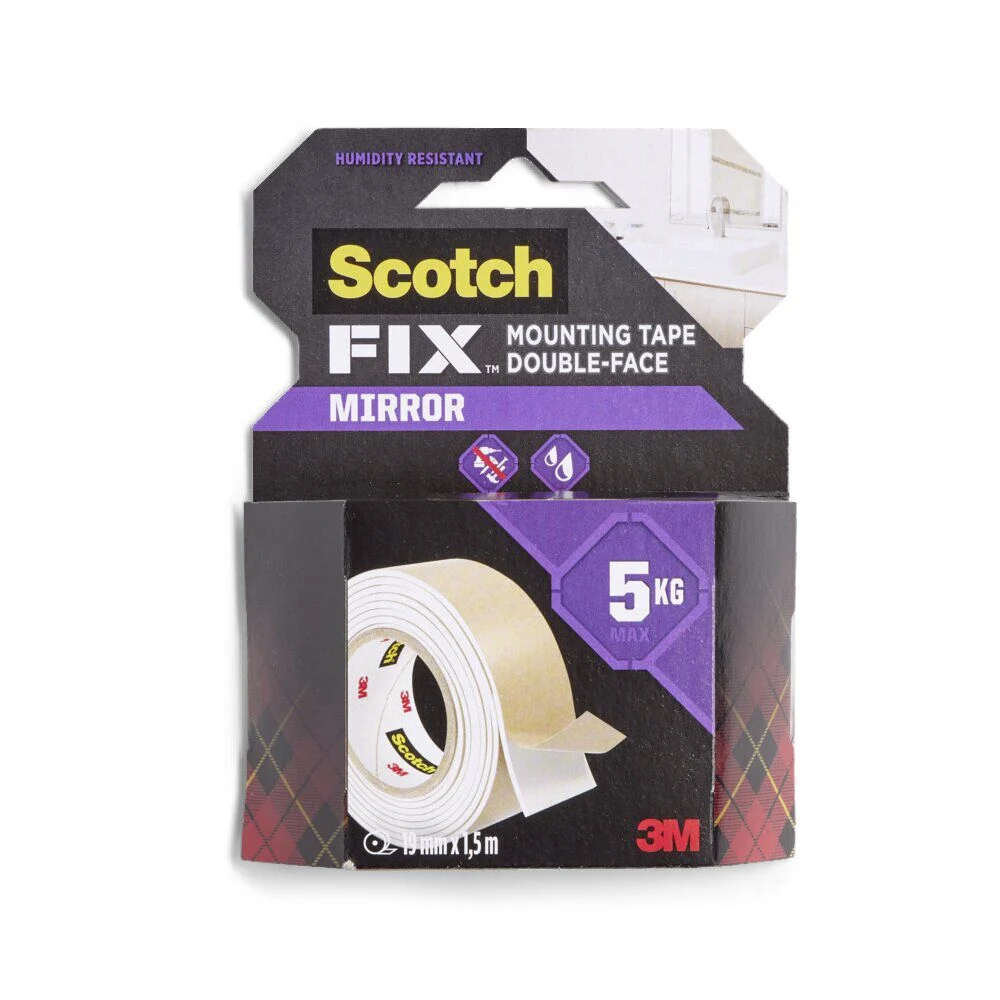 Scotch adhésif double face Miroir et Salle de bain charge 5kg 19mm 1,5m