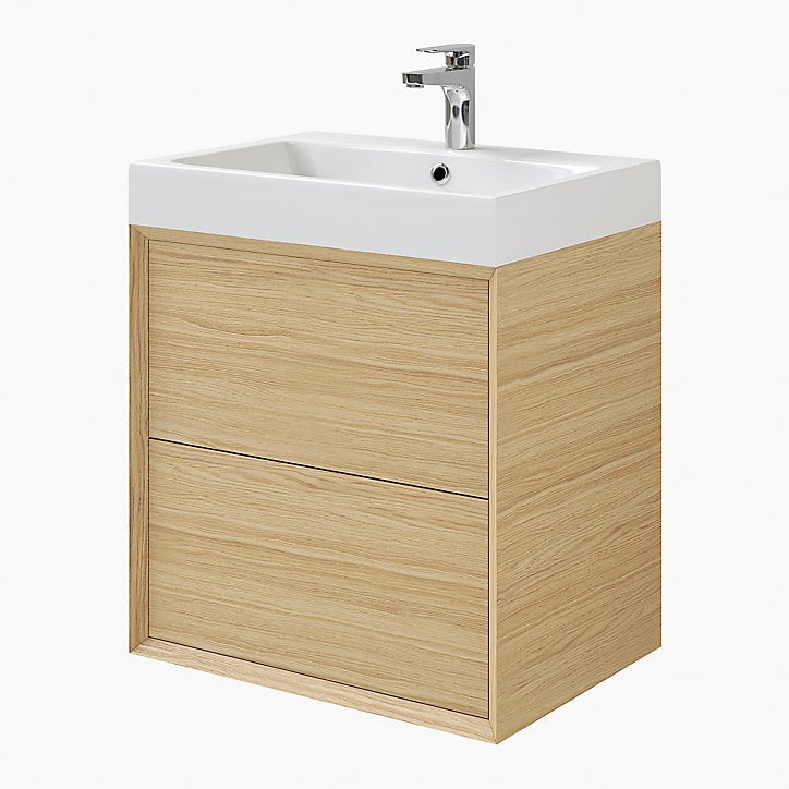 Meuble sous vasque à suspendre GoodHome Avela placage chêne 60 cm + plan vasque Duala