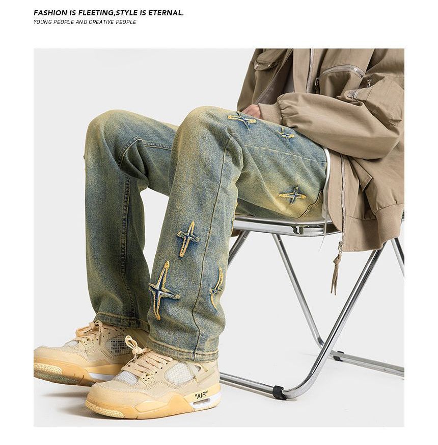 FOEV - Mid Rise Cross Applique Washed Loose Fit Jeans