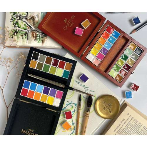 CHARVIN extrafeine Aquarellfarbe, 24 halbe Näpfchen, Holzkasten