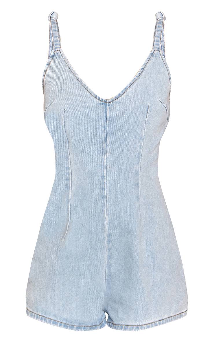 Bleu Clair Combinaison-short En Denim À Bretelles Nouées