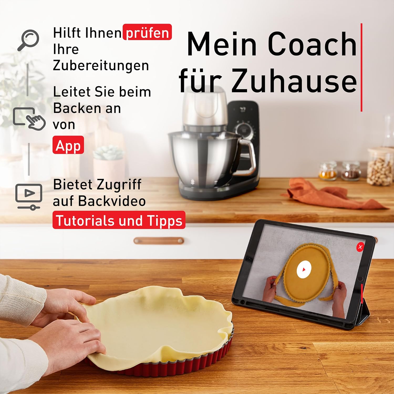 Tefal Coach Küchenmaschine, 1200 W, 8 Auto-Programme, inkl. Back-Zubehör und App, personalisiertes Erlebnis, planetarisches Rührsystem, Schwarz/Silber, QB900838