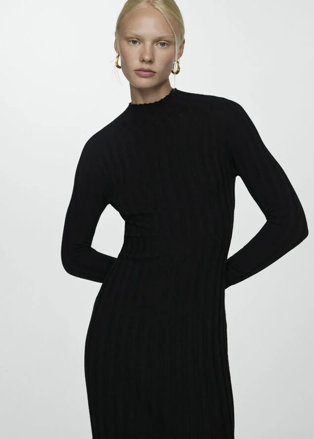 MANGO Perkins-neck ribbed dress Black