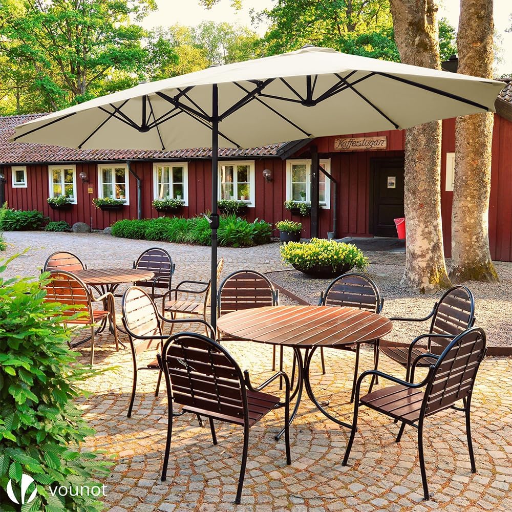 VOUNOT Doppelsonnenschirm mit Handkurbel, Sonnenschirm Marktschirm Gartenschirm Terrassenschirm, Sonnenschutz, 460 x 270 cm, Beige