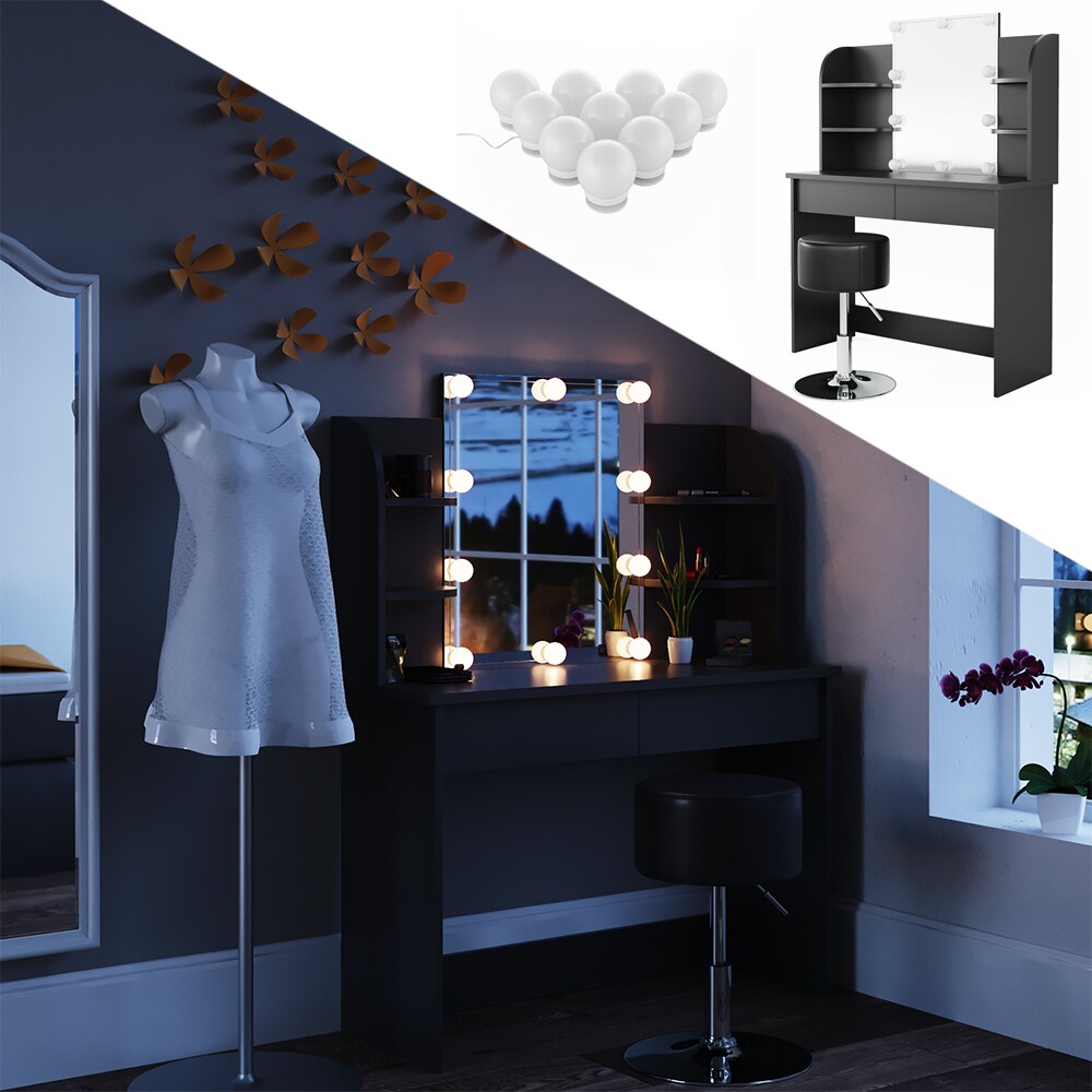 Vicco Schminktisch Charlotte Frisiertisch Kommode Frisierkommode Spiegel Schwarz inklusive Hocker und LED-Lichterkette