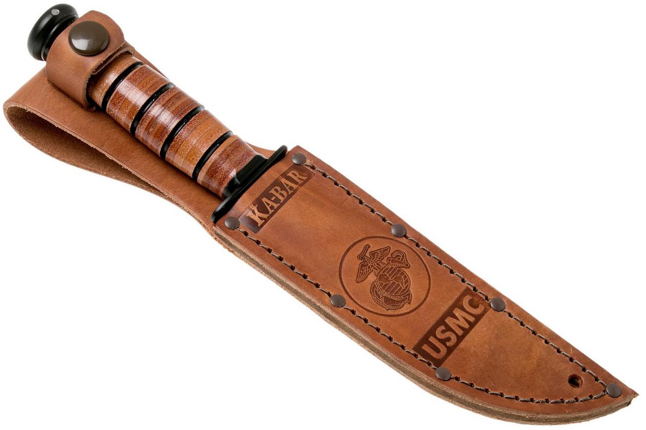 KA-BAR Short USMC 1252 deels gekarteld, vaststaand mes, lederen foedraal