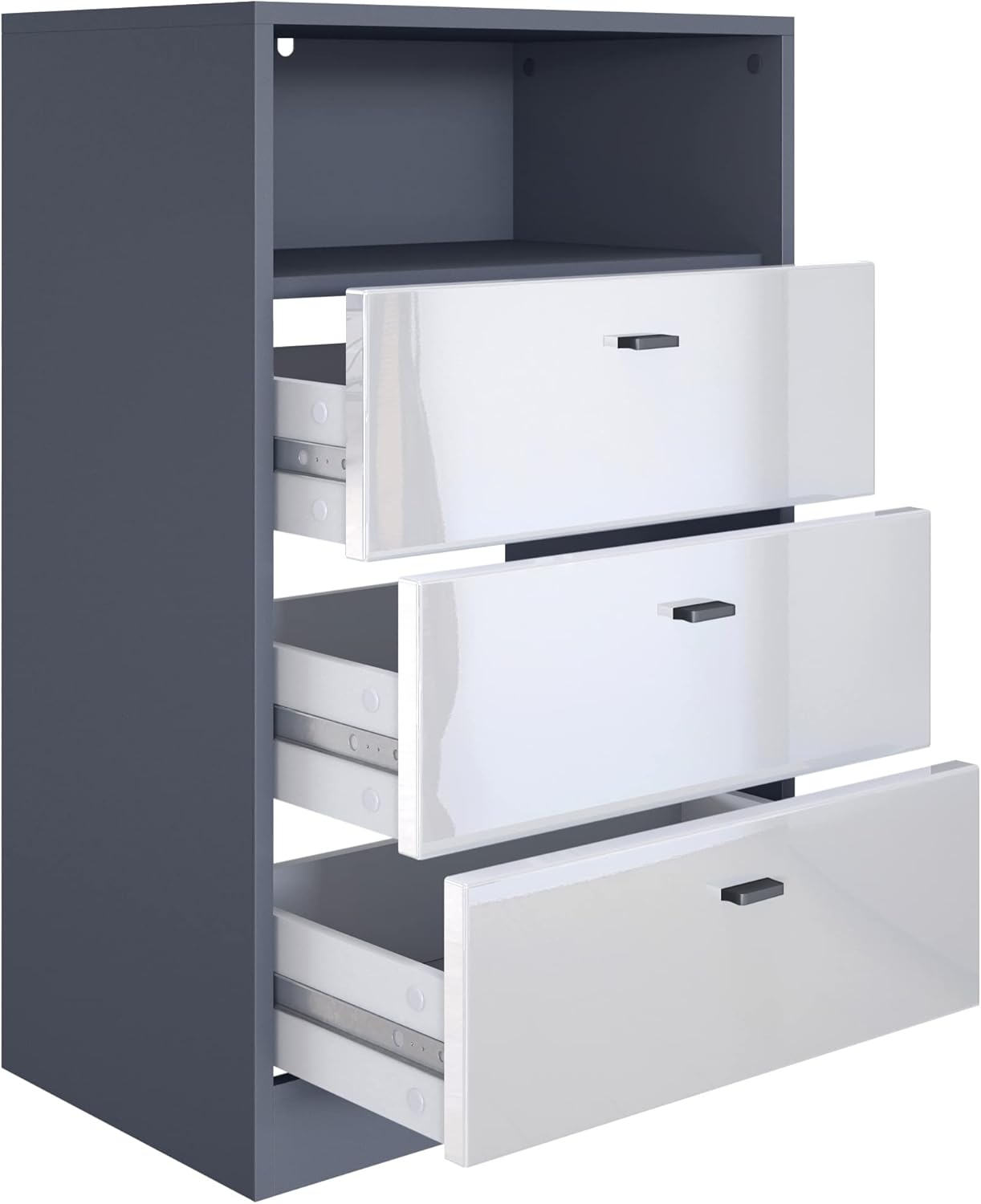 Vladon Garderoben-Set Pino V2, Made in Germany, 2 Wandpaneele 140 cm und Anrichte mit 3 Schubladen & 1 offenem Fach, Anthrazit matt/Weiß Hochglanz (56 x 86,5 x 36 cm)