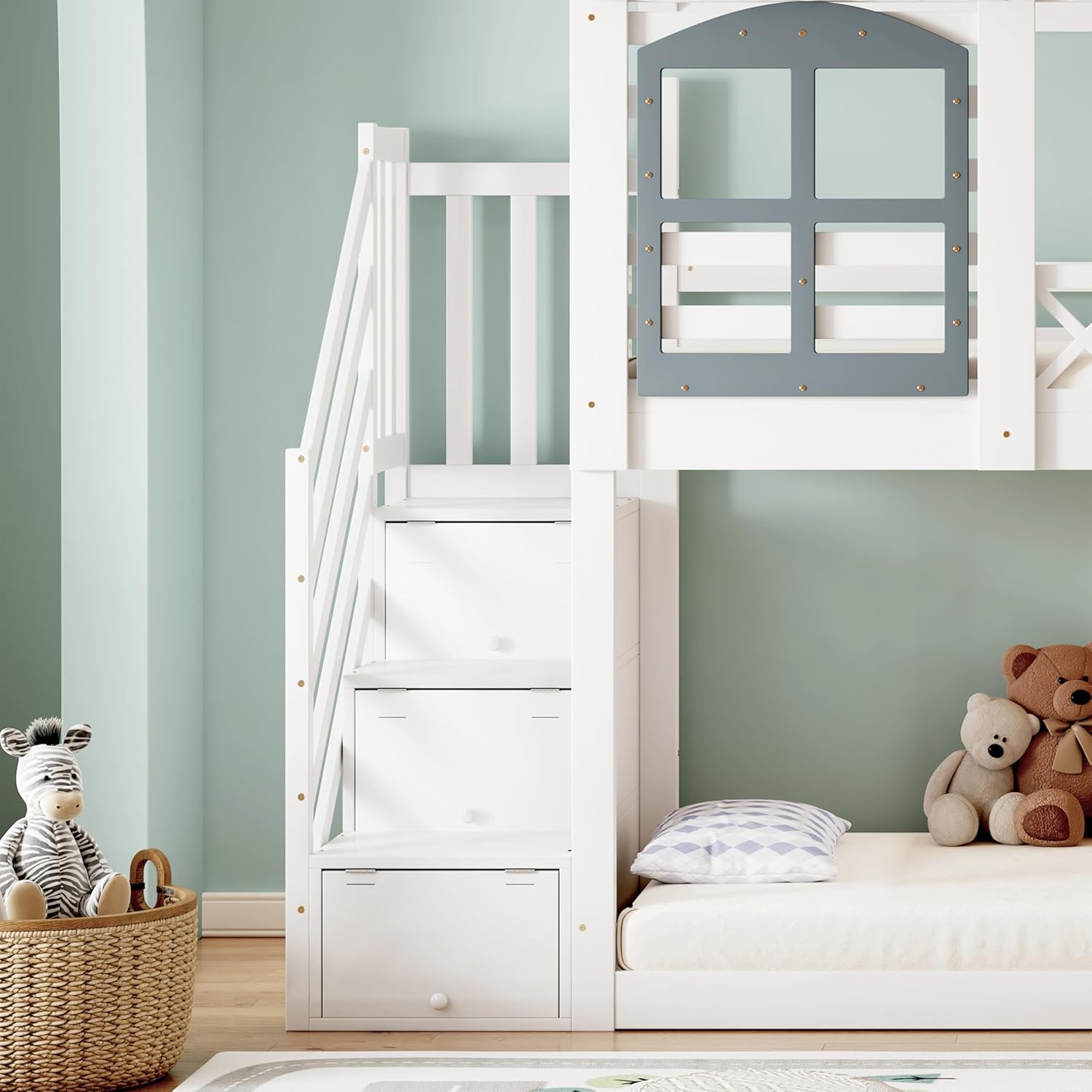Merax Etagenbett 90x200cm, Kinderbett Hochbett für 2 Kinder, Baumhausbett mit Rausfallschutz & Lattenrost, Hausbett mit Dach & Fenster, Platzsparendes Stockbett mit Stauraumtreppe, Jugendbett, Weiß