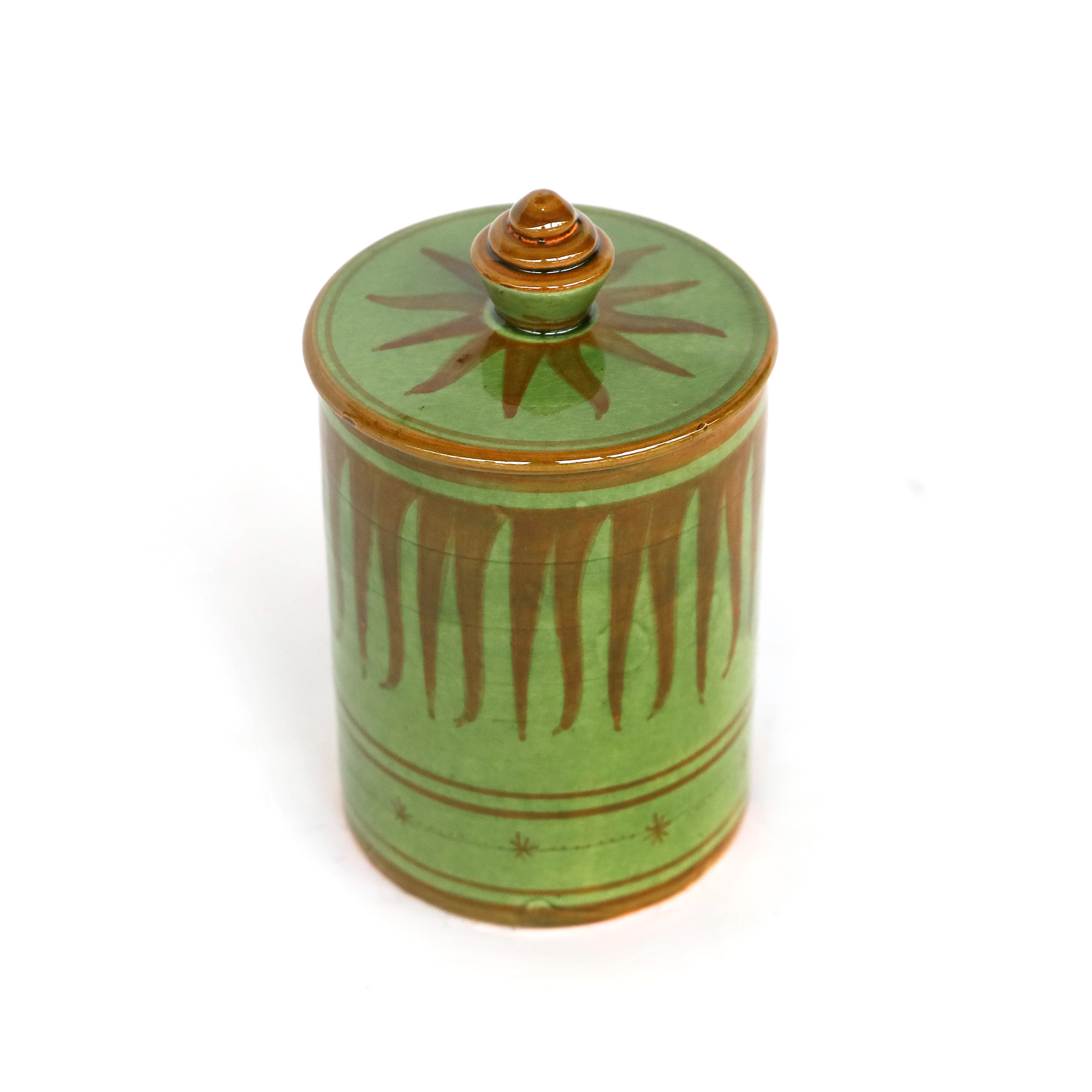 Deckelbehälter aus Keramik, grün, braun, H 14 cm, Ø 10 cm von fischer's lagerhaus