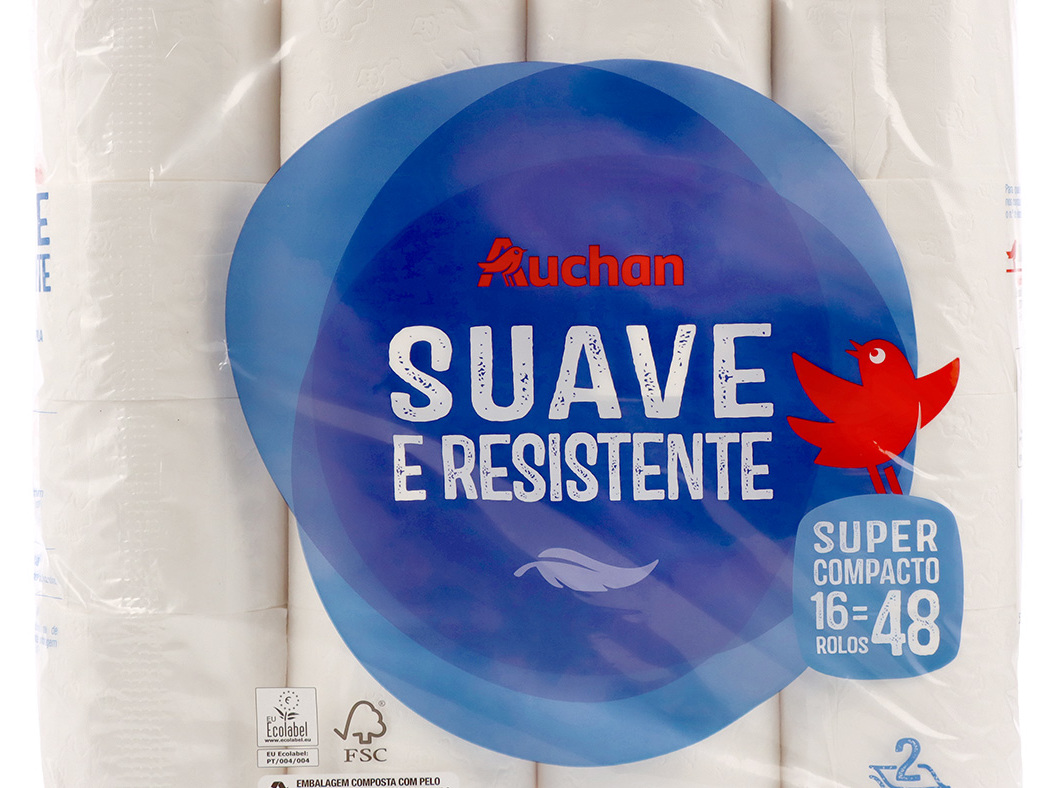 PAPEL HIGIÉNICO AUCHAN SUAVE E RESISTENTE FOLHA DUPLA SUPER COMPACTO 16 ROLOS = 48 ROLOS