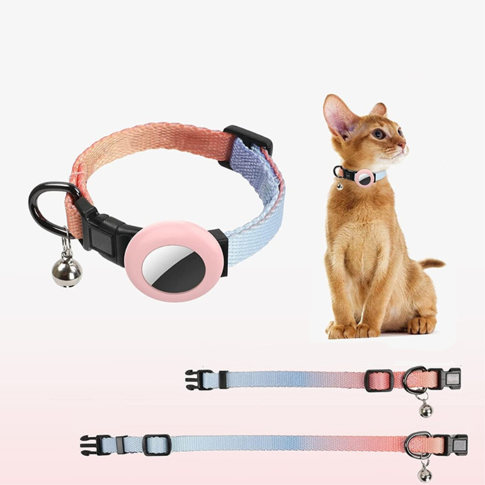 Katzen Rainbow Halsband mit Apple AirTag Silikon Halterung   Glöckchen - Rosa / Blau