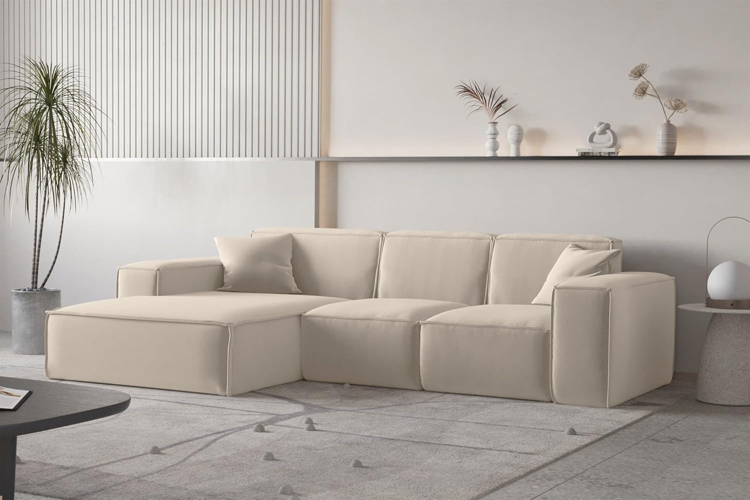 Fun Möbel Ecksofa Designersofa CELES Premium in Stoff Opera Velvet (Beige, Ottomane: Links)