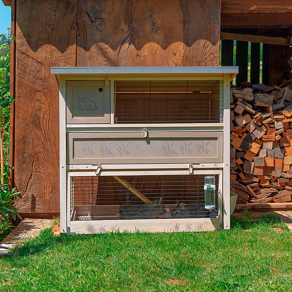 Clapier d'extérieur ranch 120 max en bois fsc, deux étages, rez-de-chaussée amovible, accessoires inclus