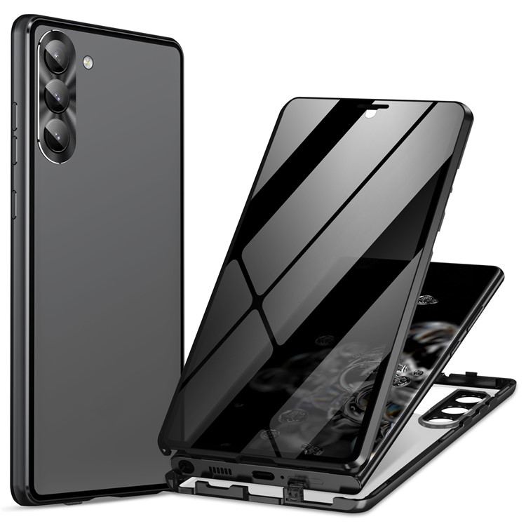 Samsung Galaxy S24  Plus Magnetische Alu Schutzhülle mit Panzer Glas Backcover   Privacy Display- / Kameraglasschutz (Verschlussmechanismus) - Schwarz