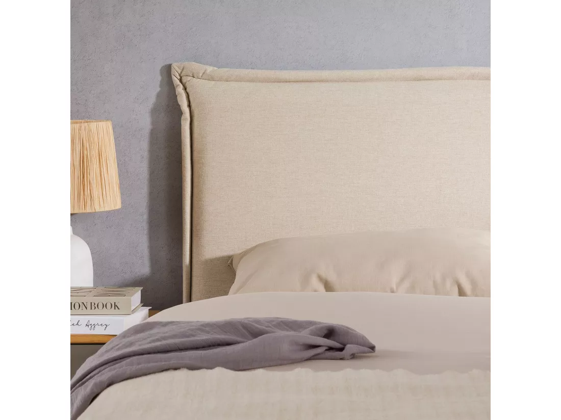 Tête de lit ISANDRE 140 rembourrée, En tissu polyester pour lit 140 cm, Sur pieds en bois, Écru
