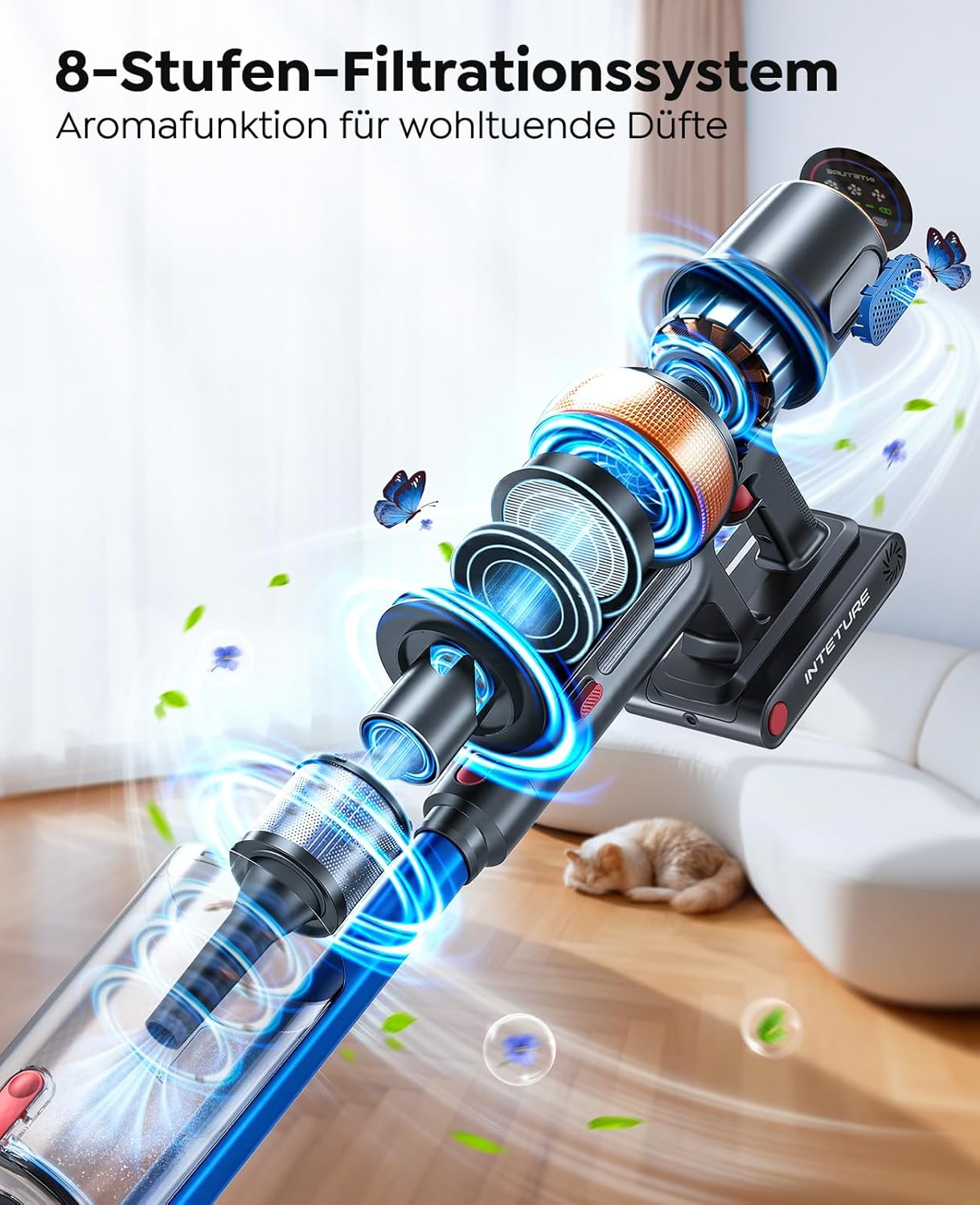 Akku Staubsauger 600W/50KPA/65Min,Selbststehender Staubsauger Kabellos mit Matratzenreinigungsbürste,Automatikmodus,Wandladestation,Duftfunktion,Mehrstufige Filtration für Teppiche/Hartböden/Auto