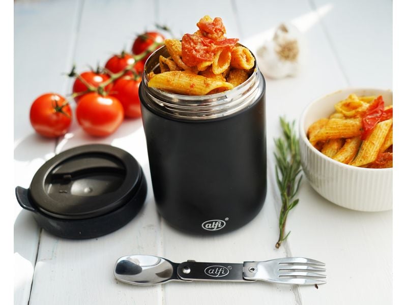 Alfi Thermo-Foodbehälter 0.35 l, Schwarz Matt Outdoor-Behälter aus Edelstahl mit Göffel