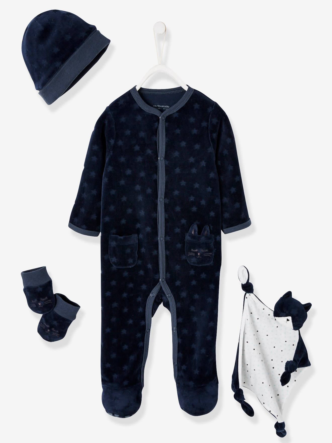 Conjunto de bebê de 4 peças em azul escuro liso com estampas