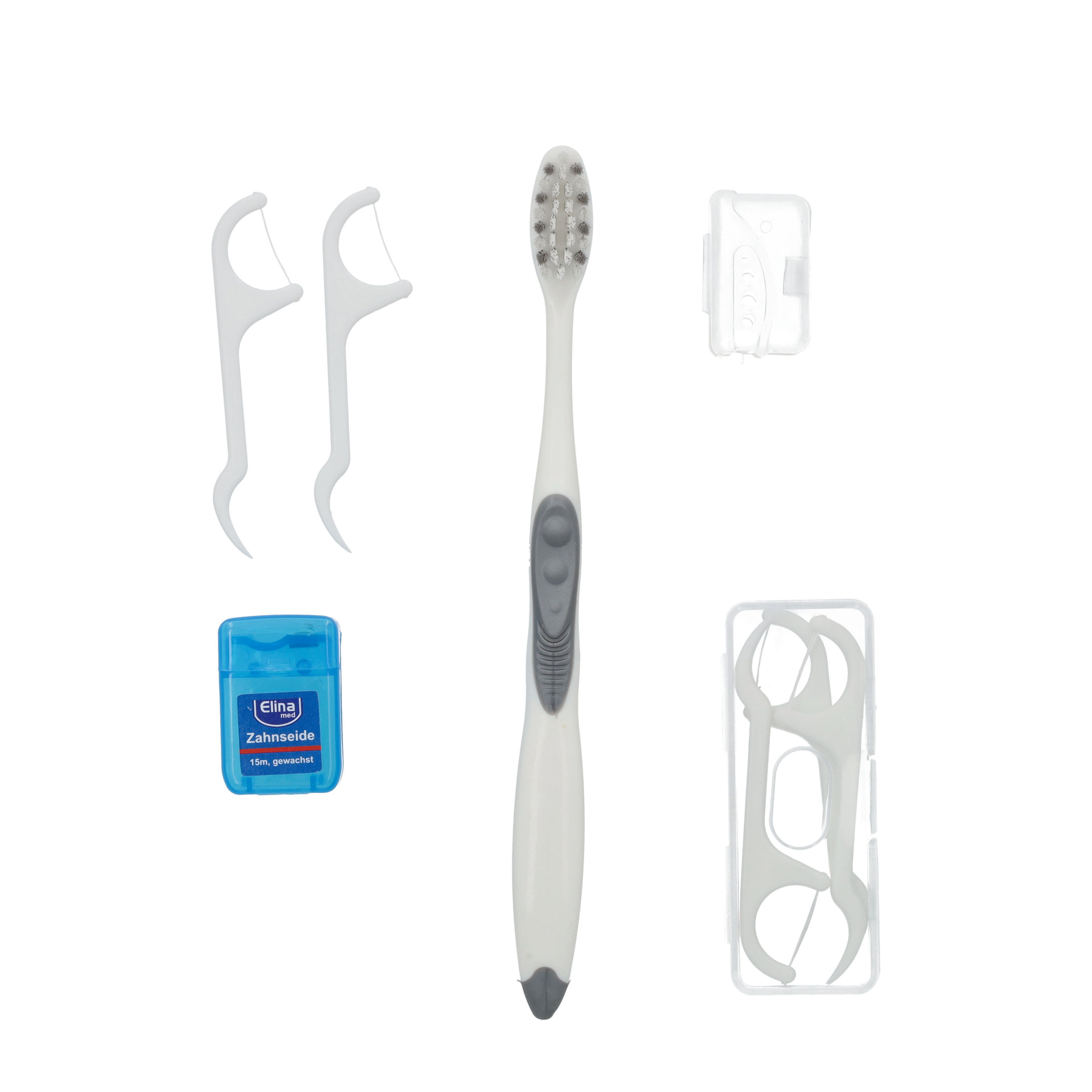 (11-tlg. Set) Dent Dentalset Zahnbürste Zahnreinigung mit Schutzkappe / Zahnseide / Zahnseide Sticks - Assortiert