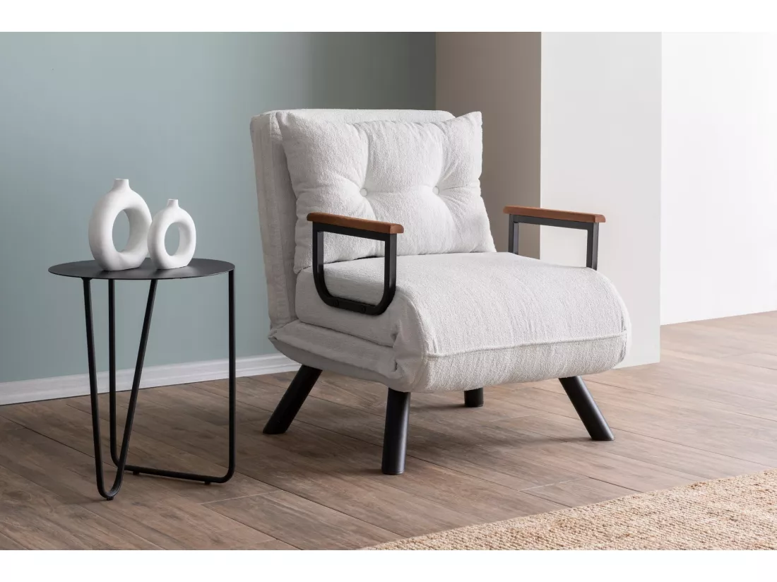 Fauteuil convertible Yolanda Métal Noir et Tissu bouclette Blanc crème
