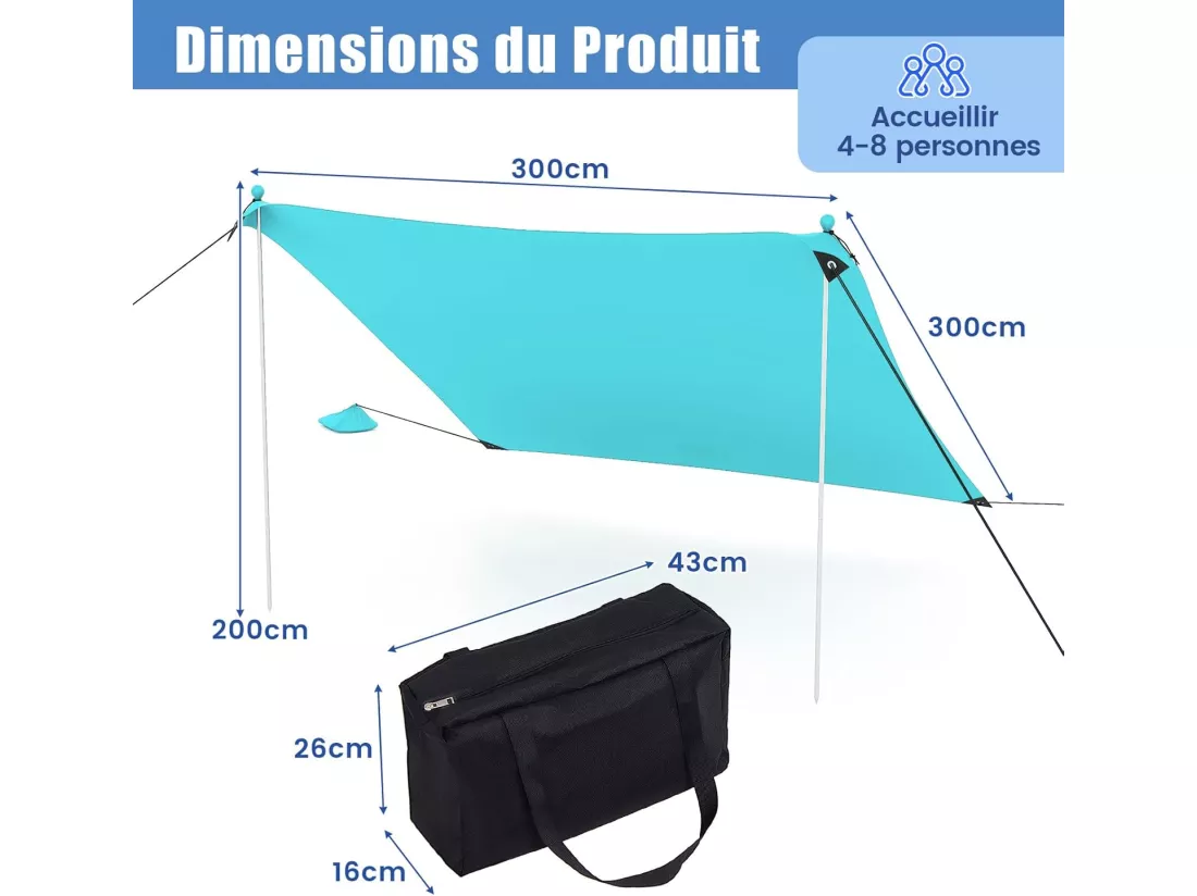 Tente de Plage Portable 3 x 3 M Anti UV UPF50+, Abris Solaire de Plage avec 4 Sacs pour Sable Piquets de Sol 2 Poteaux Sac de Transport, Idéal pour Plage Camping Pêche (Vert)