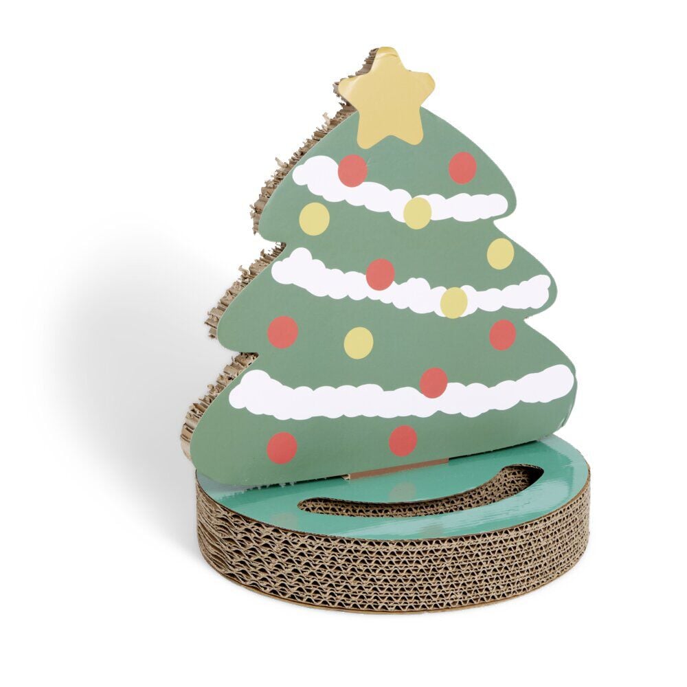 Grattoir carton forme sapin de Noël et jeu de balle pour chat Ø33xH28,5cm