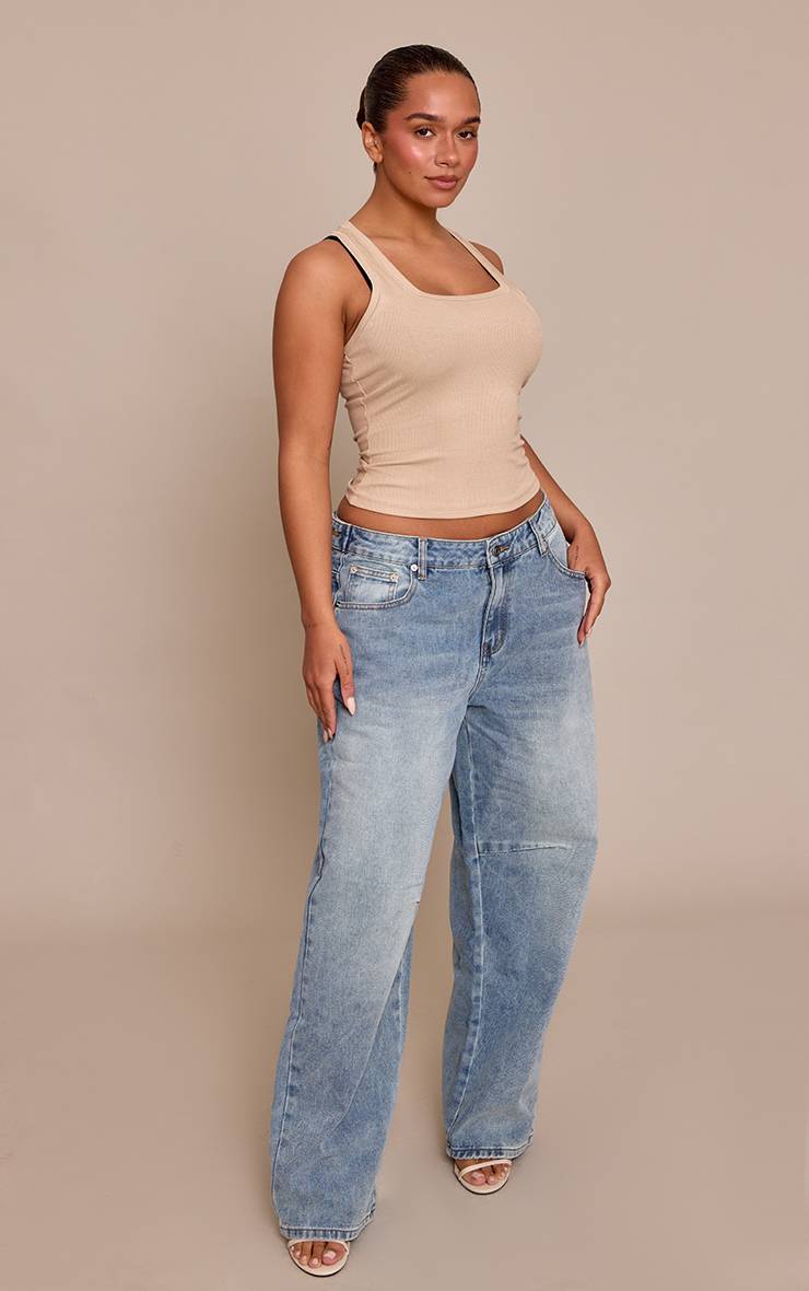 Mid Blue Wash Jean En Denim Shape Bleu Moyen Taille Échancrée Ajusteurs Latéraux Jambe Baril