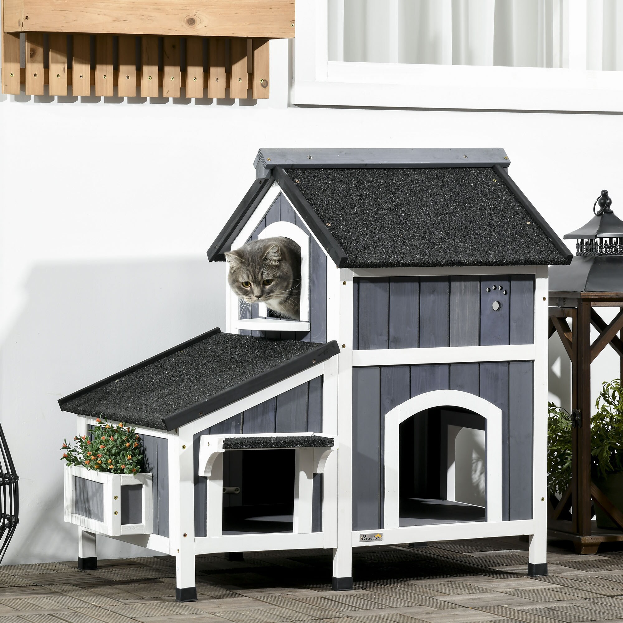 PawHut Katzenhaus mit Blumenkasten gelb 96L x 65B x 85,5H cm