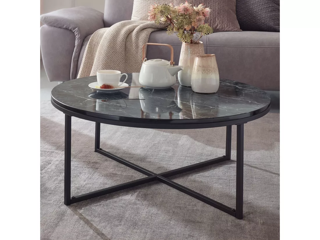 basse 80x36x80 cm aspect marbre noir | Table de salon avec structure en métal | Table basse table ronde salon | Table d'appoint